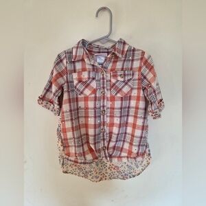 Little Lass Pink and Cream Plaid Button-Up Shirt with Floral Hem